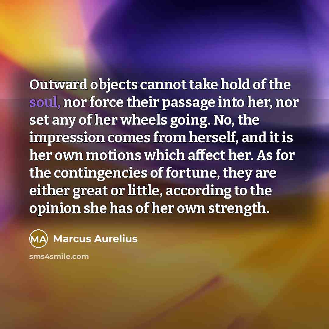 “Outward objects cannot take hold of the soul, nor force their passage into her, nor set any of her wheels going. No, the impression comes from herself, and it is her own motions which affect her. As for the contingencies of fortune, they are either great or little, according to the opinion she has…” quote by Marcus Aurelius