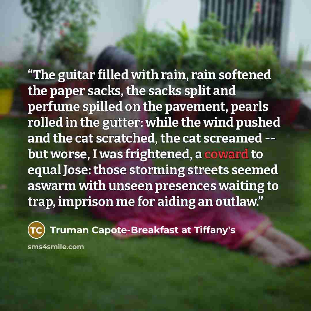 “The guitar filled with rain, rain softened the paper sacks, the sacks split and perfume spilled on the pavement, pearls rolled in the gutter: while the wind pushed and the cat scratched, the cat screamed -- but worse, I was frightened, a coward to equal Jose: those storming streets seemed aswarm…” quote by Truman Capote-Breakfast at Tiffany's