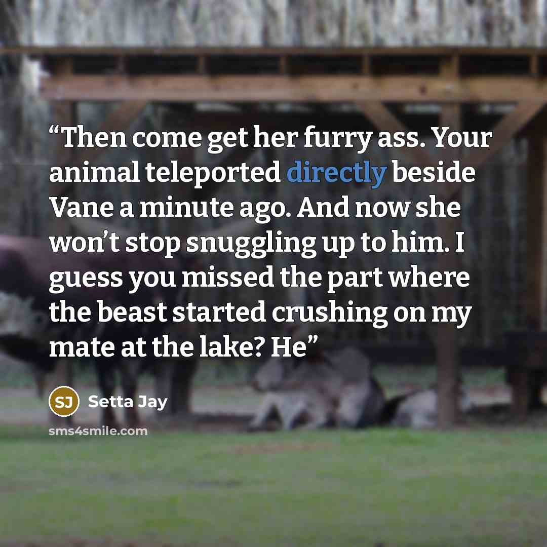 “Then come get her furry ass. Your animal teleported directly beside Vane a minute ago. And now she won’t stop snuggling up to him. I guess you missed the part where the beast started crushing on my mate at the lake? He” quote by Setta Jay