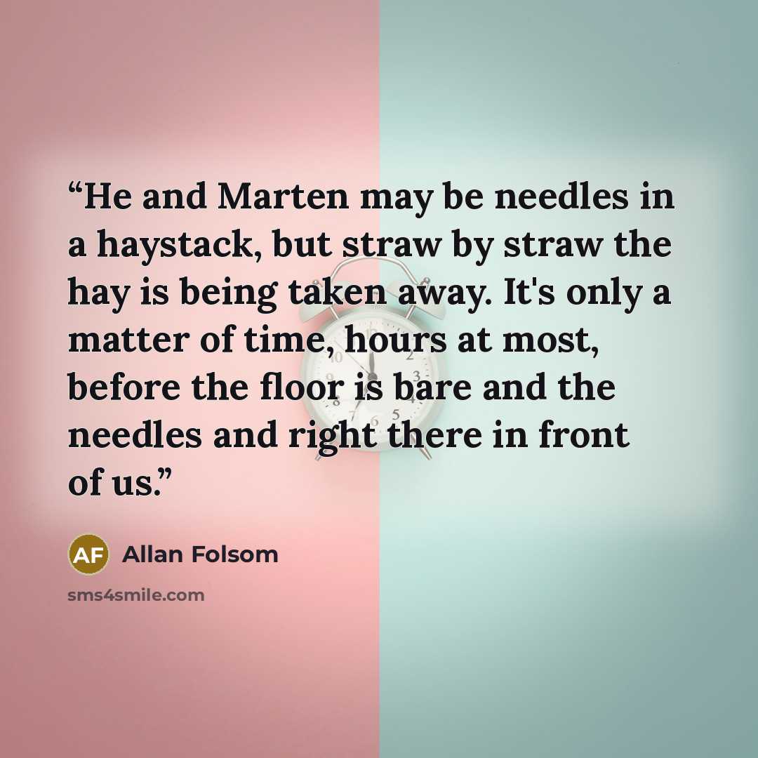 “He and Marten may be needles in a haystack, but straw by straw the hay is being taken away. It's only a matter of time, hours at most, before the floor is bare and the needles and right there in front of us.” quote by Allan Folsom
