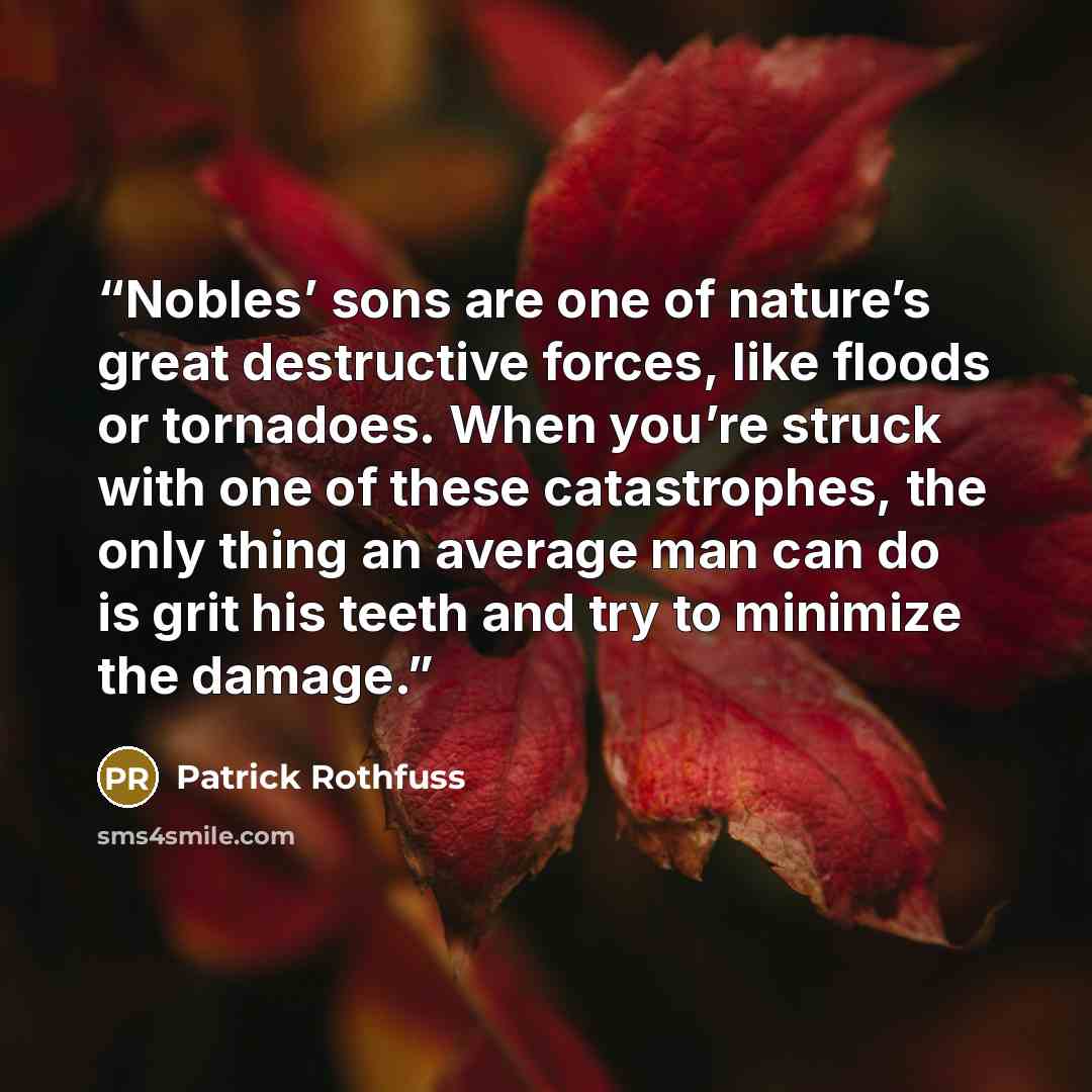 “Nobles’ sons are one of nature’s great destructive forces, like floods or tornadoes. When you’re struck with one of these catastrophes, the only thing an average man can do is grit his teeth and try to minimize the damage.” quote by Patrick Rothfuss