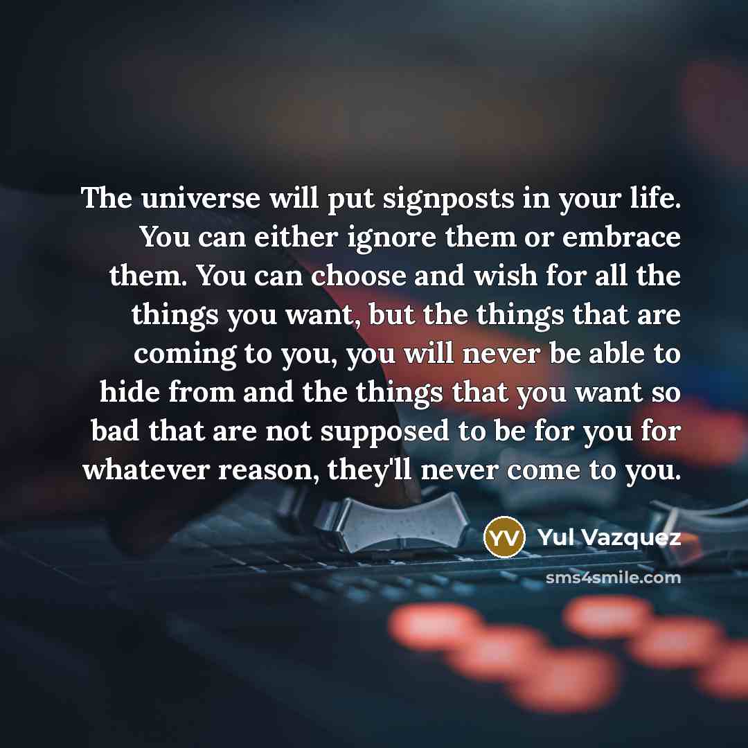 “The universe will put signposts in your life. You can either ignore them or embrace them. You can choose and wish for all the things you want, but the things that are coming to you, you will never be able to hide from and the things that you want so bad that are not supposed to be for you for…” quote by Yul Vazquez