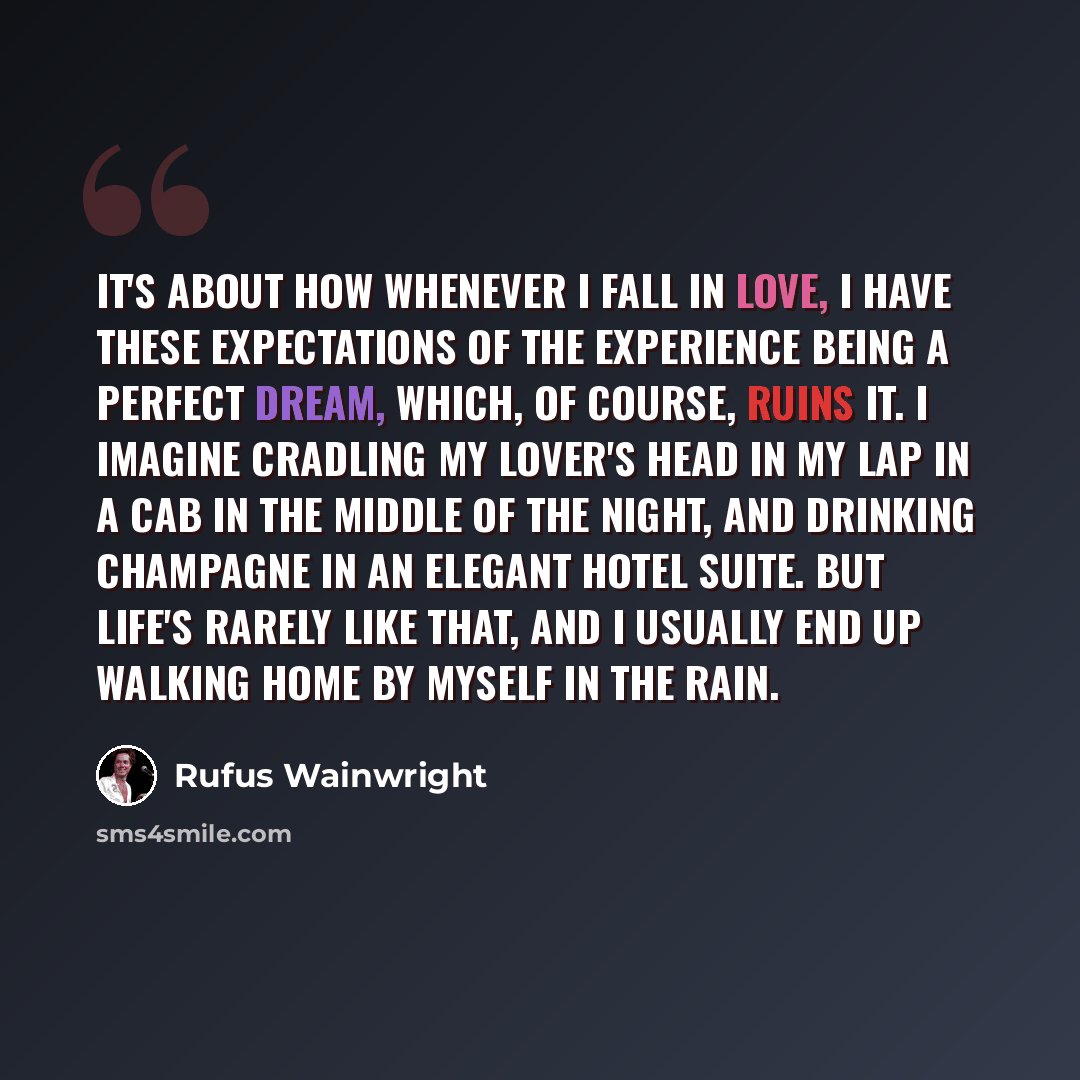 “It's about how whenever I fall in love, I have these expectations of the experience being a perfect dream, which, of course, ruins it. I imagine cradling my lover's head in my lap in a cab in the middle of the night, and drinking champagne in an elegant hotel suite. But life's rarely like that…” quote by Rufus Wainwright