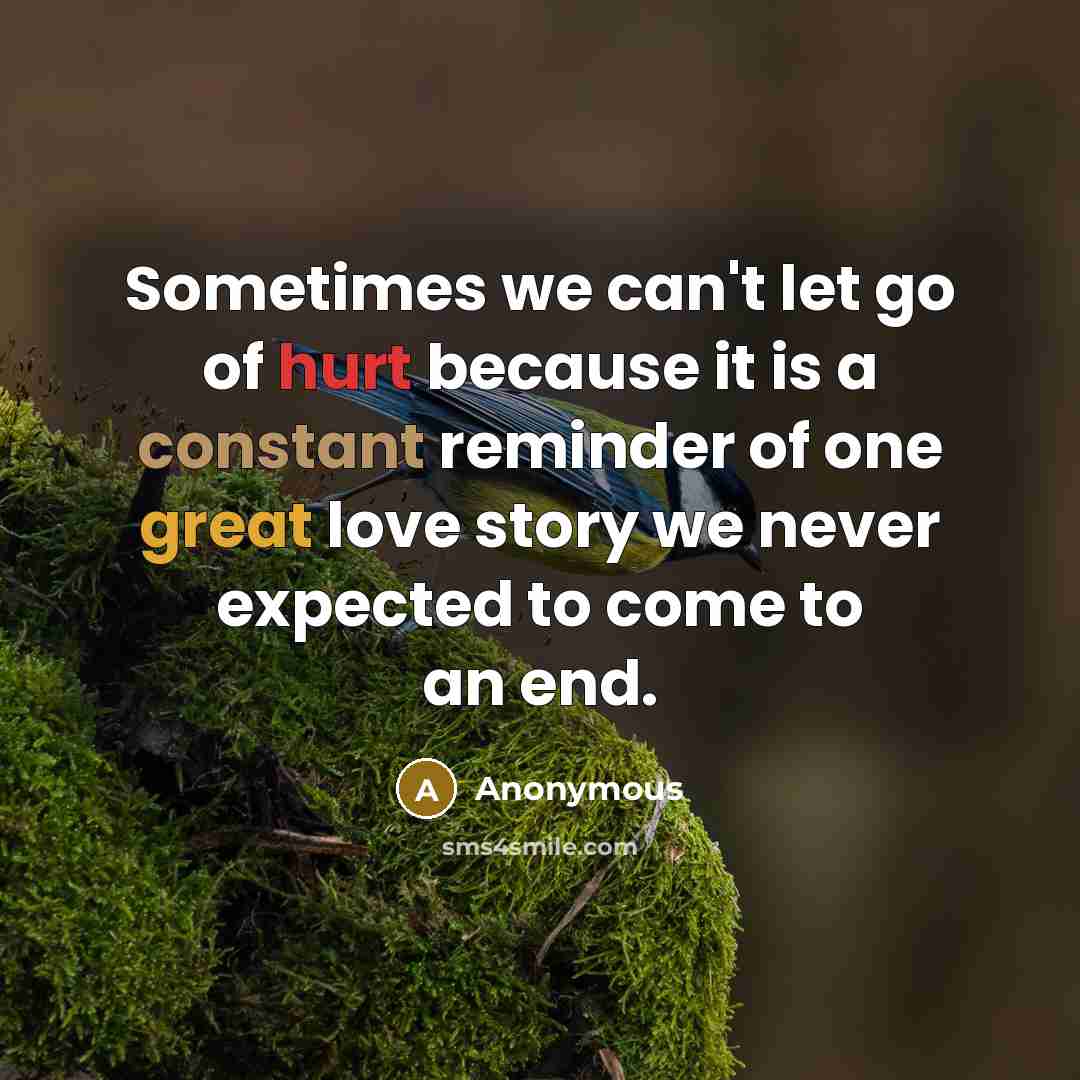 “Sometimes we can't let go of hurt because it is a constant reminder of one great love story we never expected to come to an end.” quote by Anonymous