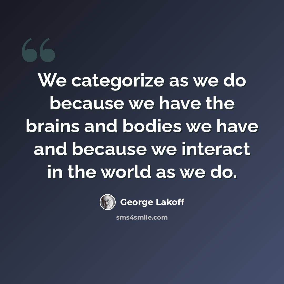 “We categorize as we do because we have the brains and bodies we have and because we interact in the world as we do.” quote by George Lakoff