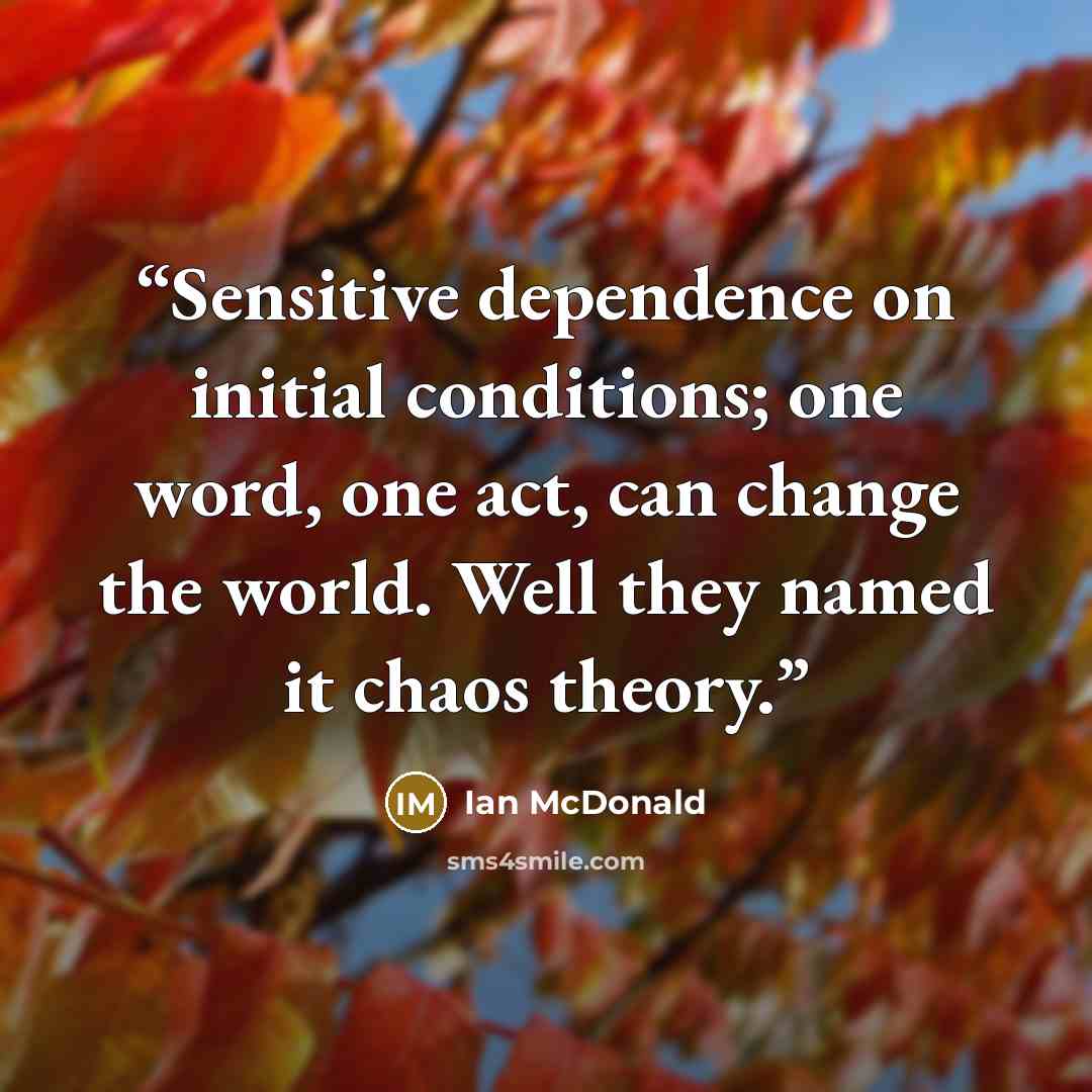 “Sensitive dependence on initial conditions; one word, one act, can change the world. Well they named it chaos theory.” quote by Ian McDonald