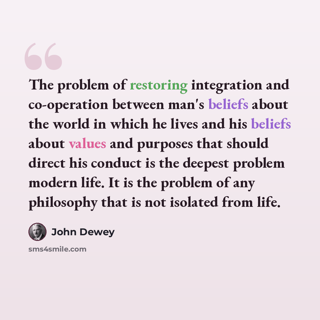 “The problem of restoring integration and co-operation between man's beliefs about the world in which he lives and his beliefs about values and purposes that should direct his conduct is the deepest problem modern life. It is the problem of any philosophy that is not isolated from life.” quote by John Dewey