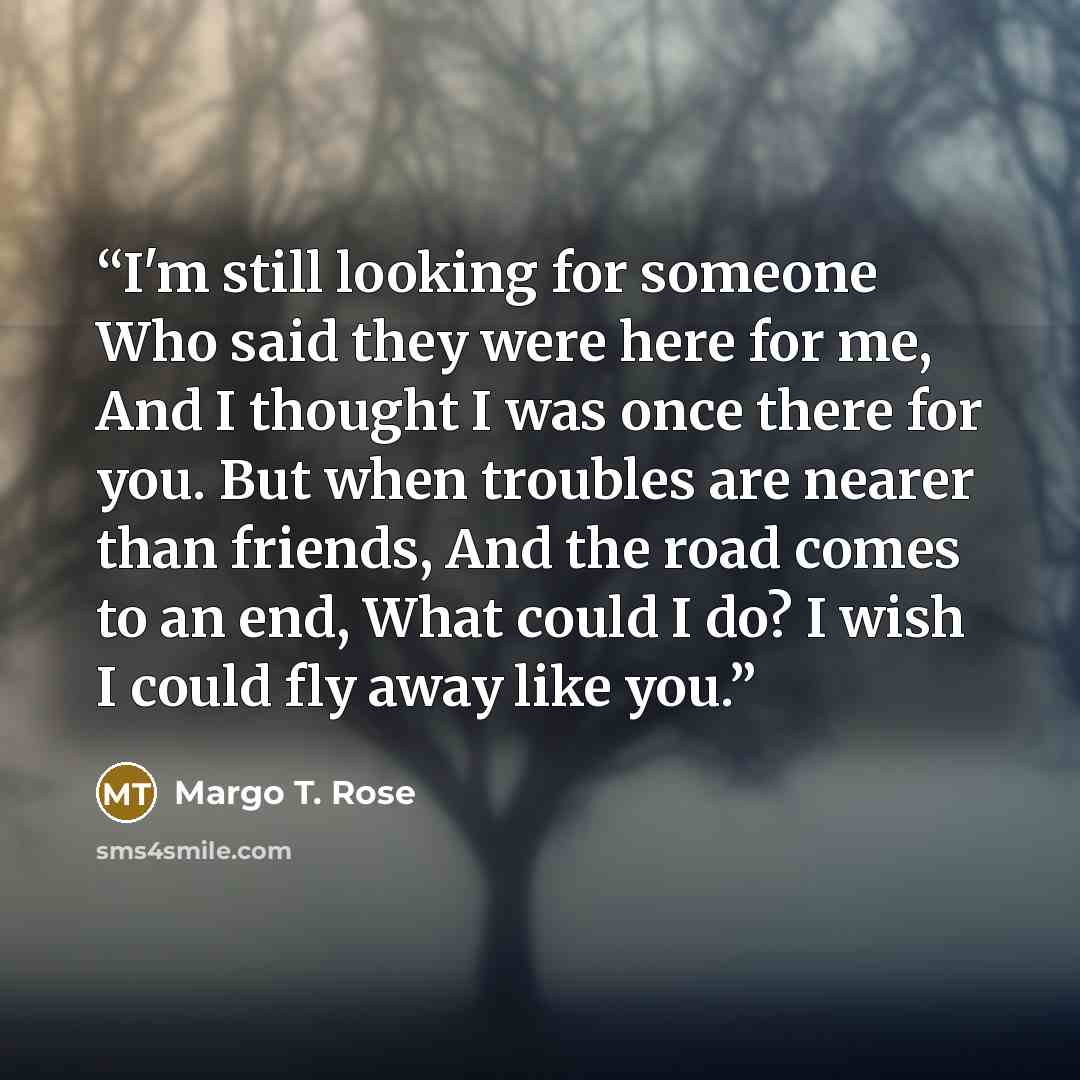 “I'm still looking for someone Who said they were here for me, And I thought I was once there for you. But when troubles are nearer than friends, And the road comes to an end, What could I do? I wish I could fly away like you.” quote by Margo T. Rose