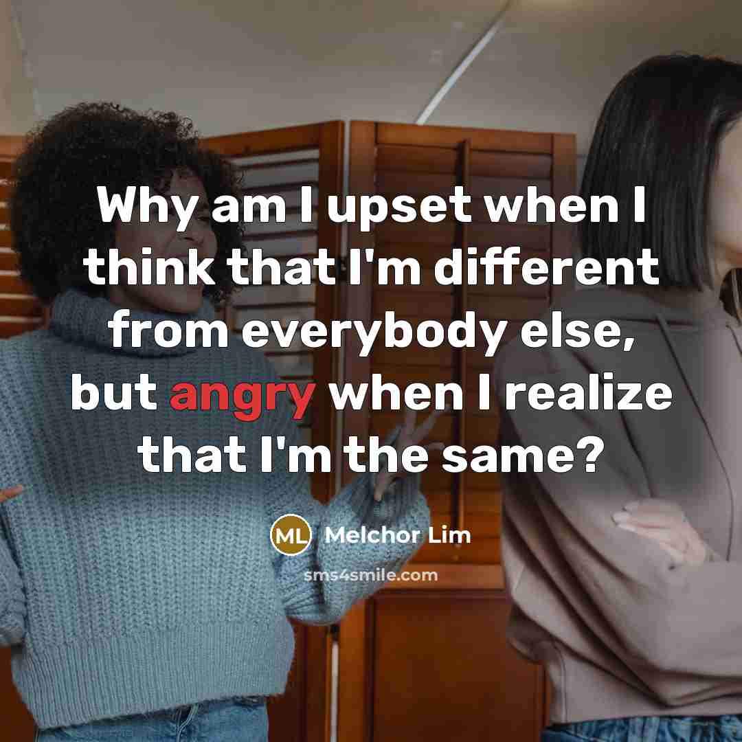 “Why am I upset when I think that I'm different from everybody else, but angry when I realize that I'm the same?” quote by Melchor Lim