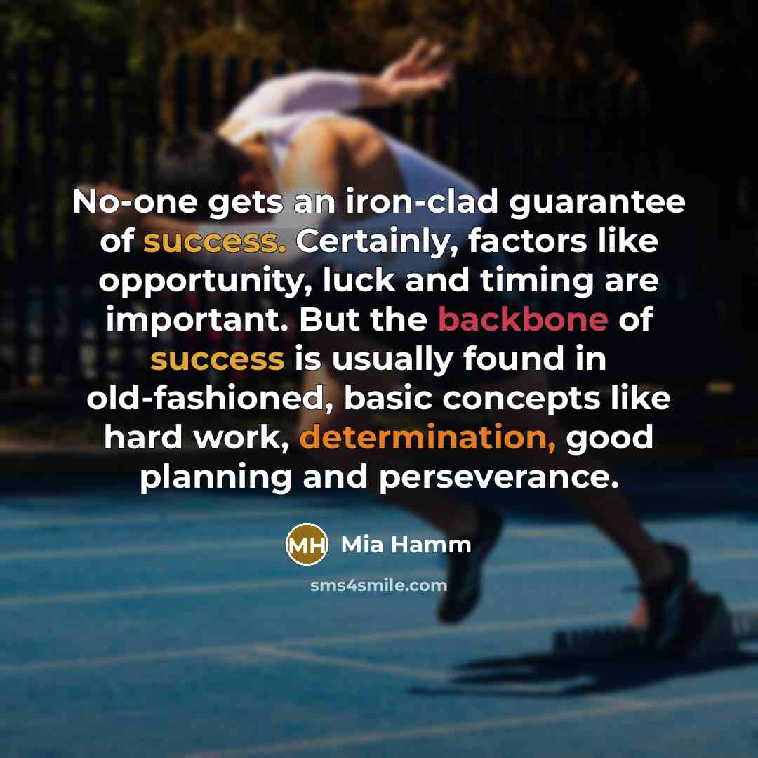 “No-one gets an iron-clad guarantee of success. Certainly, factors like opportunity, luck and timing are important. But the backbone of success is usually found in old-fashioned, basic concepts like hard work, determination, good planning and perseverance.” quote by Mia Hamm