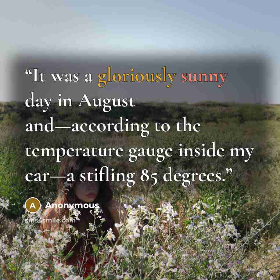 “It was a gloriously sunny day in August and—according to the temperature gauge inside my car—a stifling 85 degrees.” quote by Anonymous