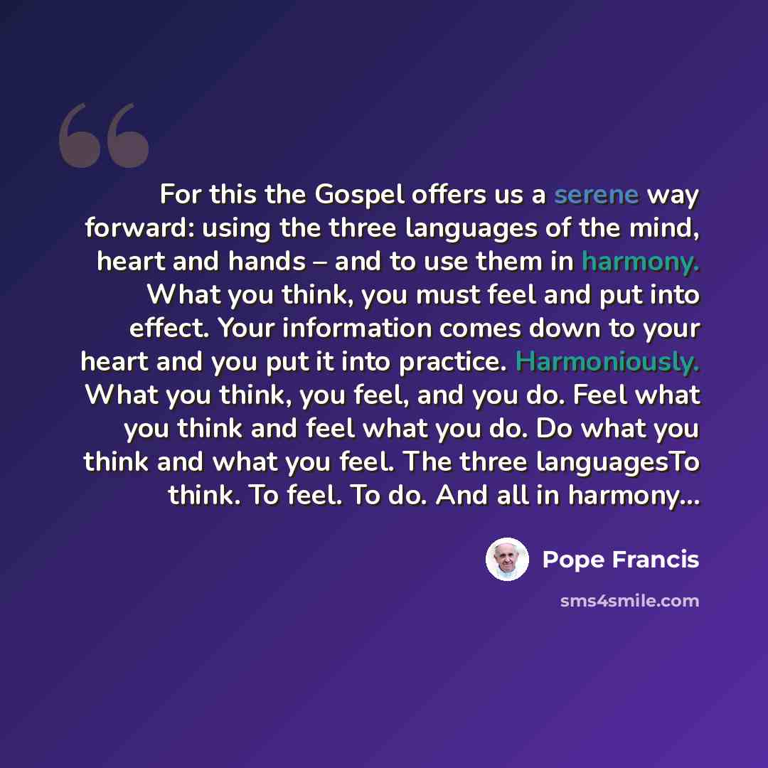 “For this the Gospel offers us a serene way forward: using the three languages of the mind, heart and hands – and to use them in harmony. What you think, you must feel and put into effect. Your information comes down to your heart and you put it into practice. Harmoniously. What you think, you…” quote by Pope Francis