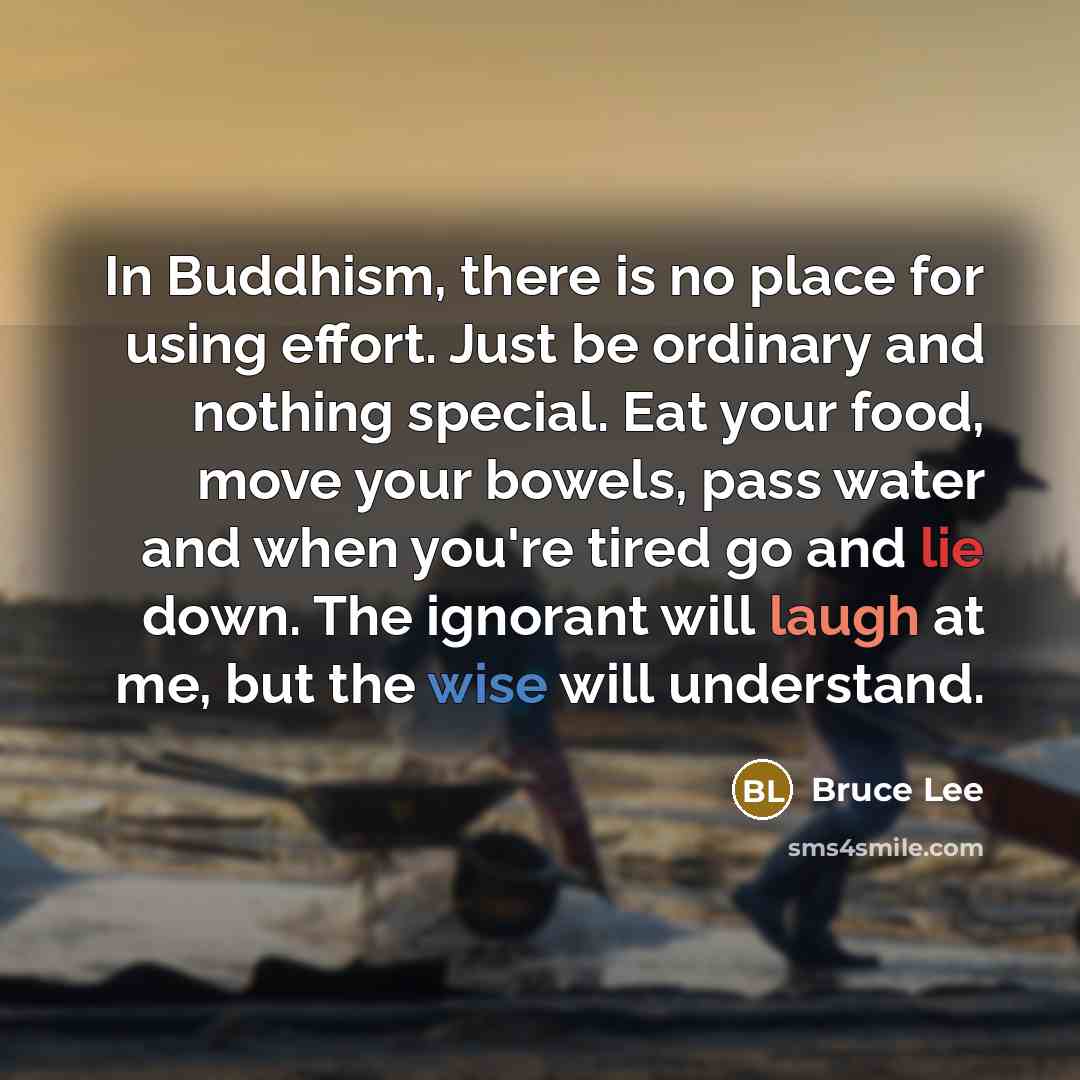 “In Buddhism, there is no place for using effort. Just be ordinary and nothing special. Eat your food, move your bowels, pass water and when you're tired go and lie down. The ignorant will laugh at me, but the wise will understand.” quote by Bruce Lee