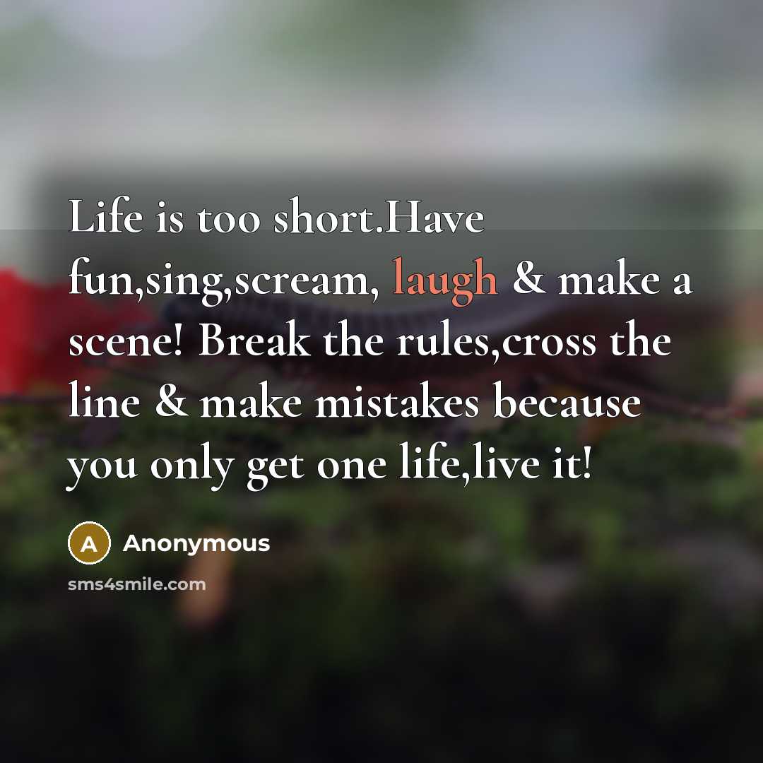 “Life is too short.Have fun,sing,scream, laugh & make a scene! Break the rules,cross the line & make mistakes because you only get one life,live it!” quote by Anonymous