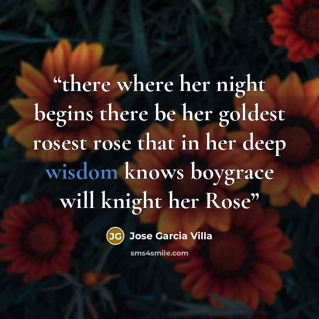“there where her night begins there be her goldest rosest rose that in her deep wisdom knows boygrace will knight her Rose” quote by Jose Garcia Villa