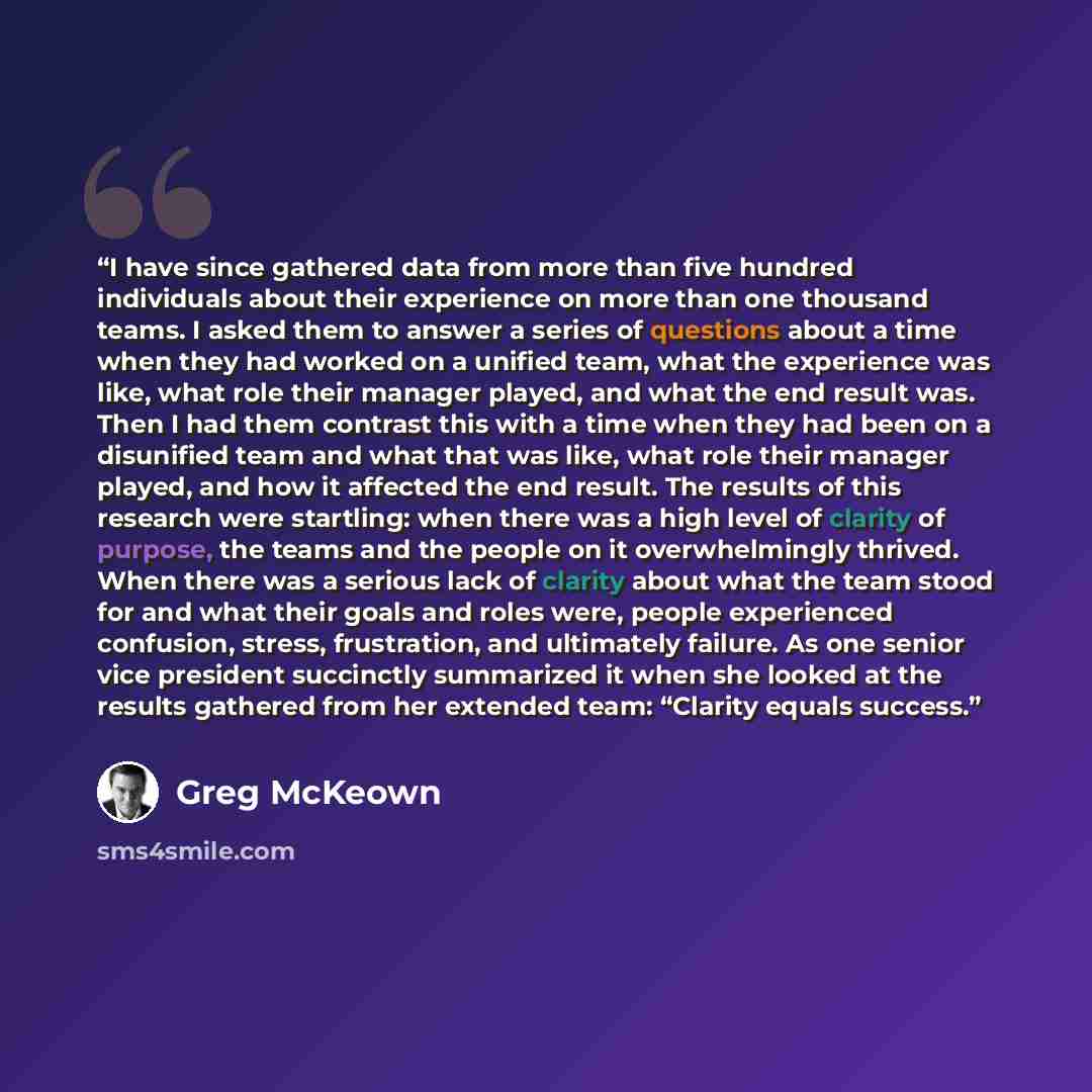 “I have since gathered data from more than five hundred individuals about their experience on more than one thousand teams. I asked them to answer a series of questions about a time when they had worked on a unified team, what the experience was like, what role their manager played, and what the…” quote by Greg McKeown