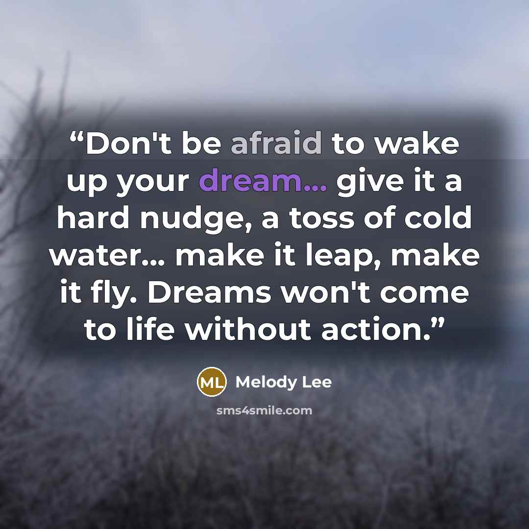 “Don't be afraid to wake up your dream... give it a hard nudge, a toss of cold water... make it leap, make it fly. Dreams won't come to life without action.” quote by Melody Lee