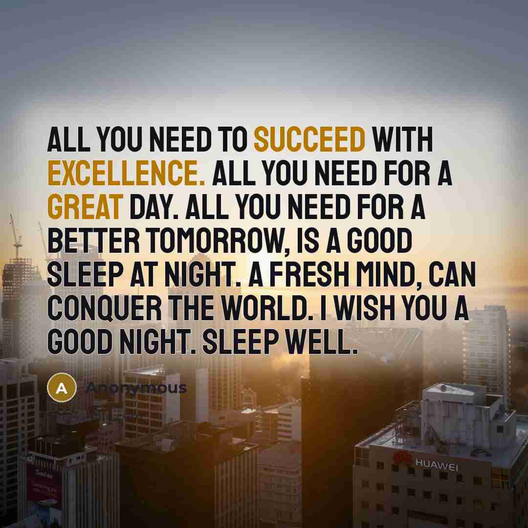 “All you need to succeed with excellence. All you need for a great day. All you need for a better tomorrow, is a good sleep at night. A fresh mind, can conquer the world. I wish you a good night. Sleep well.” quote by Anonymous