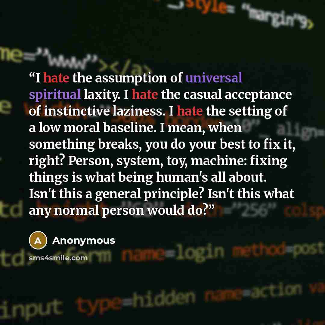 “I hate the assumption of universal spiritual laxity. I hate the casual acceptance of instinctive laziness. I hate the setting of a low moral baseline. I mean, when something breaks, you do your best to fix it, right? Person, system, toy, machine: fixing things is what being human's all about…” quote by Anonymous