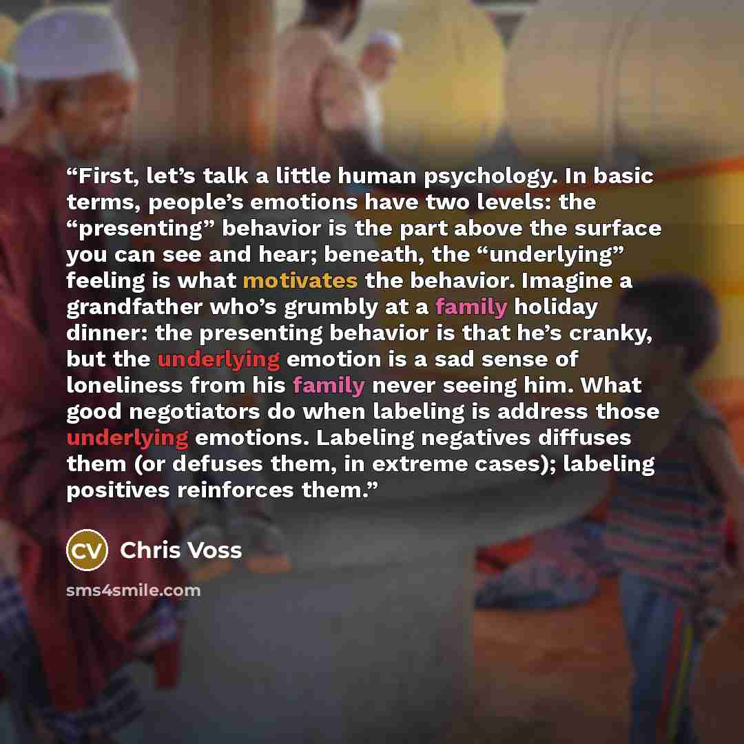 “First, let’s talk a little human psychology. In basic terms, people’s emotions have two levels: the “presenting” behavior is the part above the surface you can see and hear; beneath, the “underlying” feeling is what motivates the behavior. Imagine a grandfather who’s grumbly at a family holiday…” quote by Chris Voss