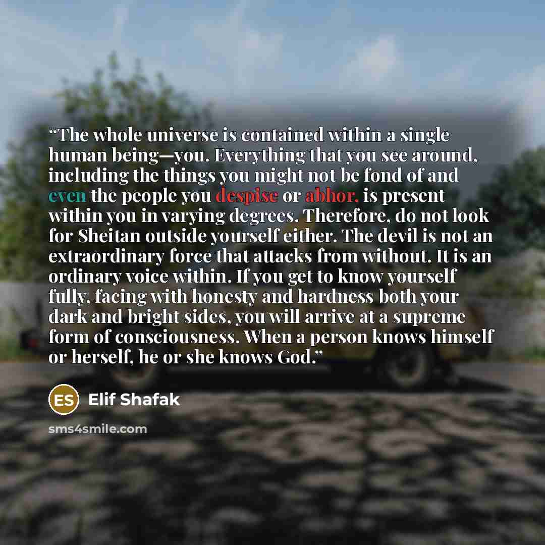 “The whole universe is contained within a single human being—you. Everything that you see around, including the things you might not be fond of and even the people you despise or abhor, is present within you in varying degrees. Therefore, do not look for Sheitan outside yourself either. The devil…” quote by Elif Shafak