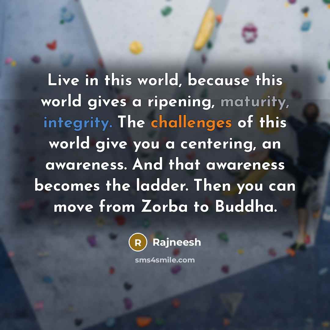 “Live in this world, because this world gives a ripening, maturity, integrity. The challenges of this world give you a centering, an awareness. And that awareness becomes the ladder. Then you can move from Zorba to Buddha.” quote by Rajneesh