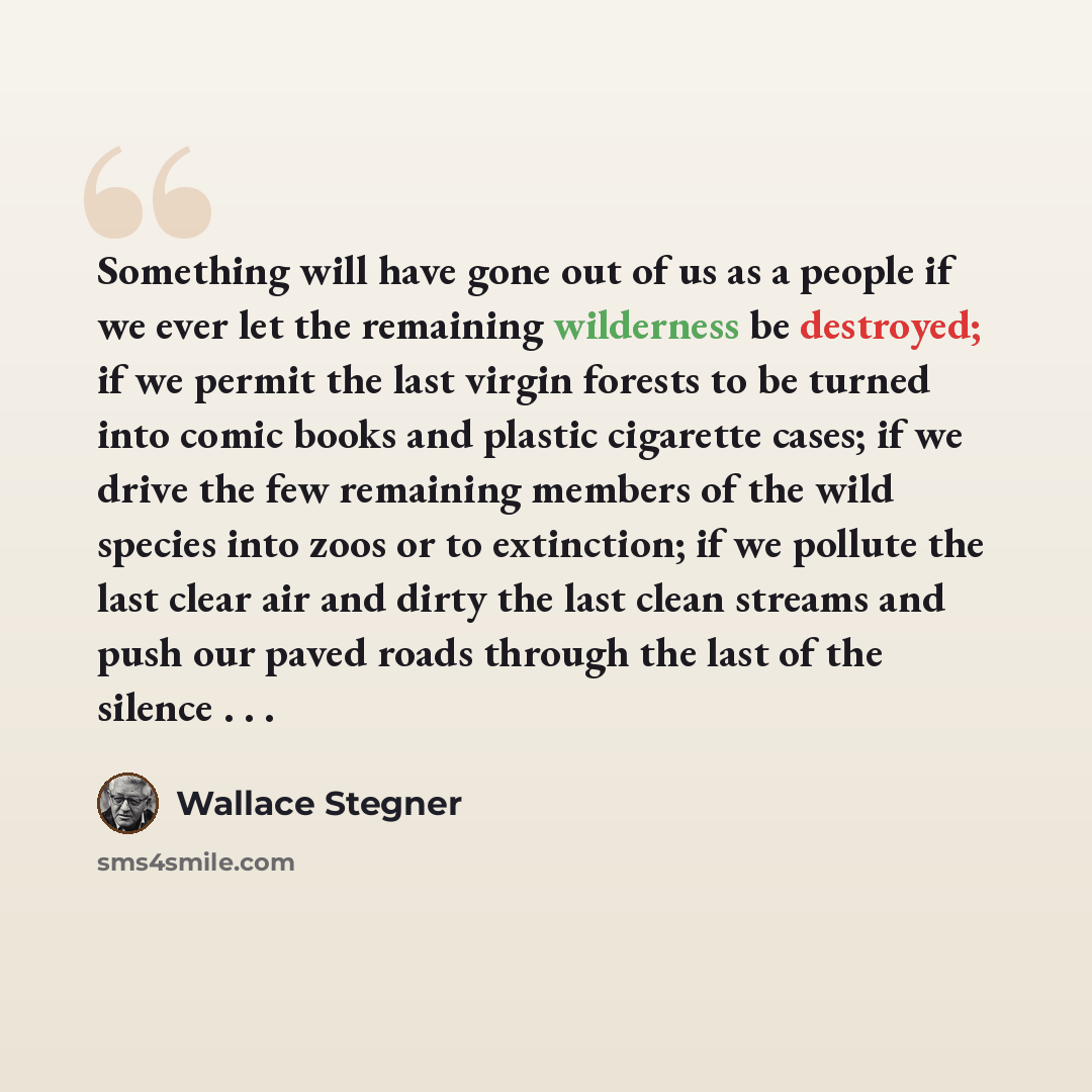 “Something will have gone out of us as a people if we ever let the remaining wilderness be destroyed; if we permit the last virgin forests to be turned into comic books and plastic cigarette cases; if we drive the few remaining members of the wild species into zoos or to extinction; if we pollute…” quote by Wallace Stegner