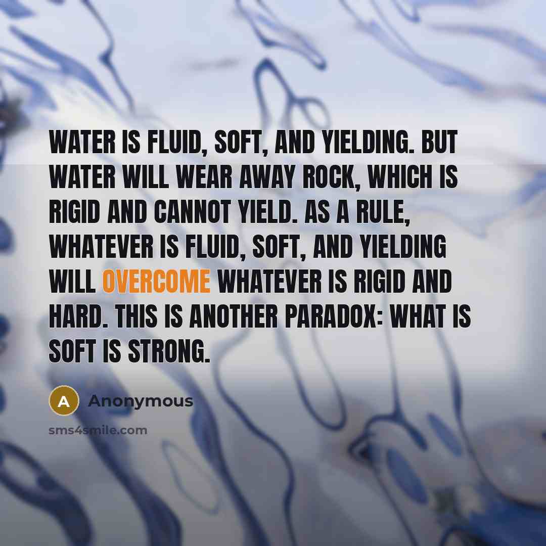 “Water is fluid, soft, and yielding. But water will wear away rock, which is rigid and cannot yield. As a rule, whatever is fluid, soft, and yielding will overcome whatever is rigid and hard. This is another paradox: what is soft is strong.” quote by Anonymous