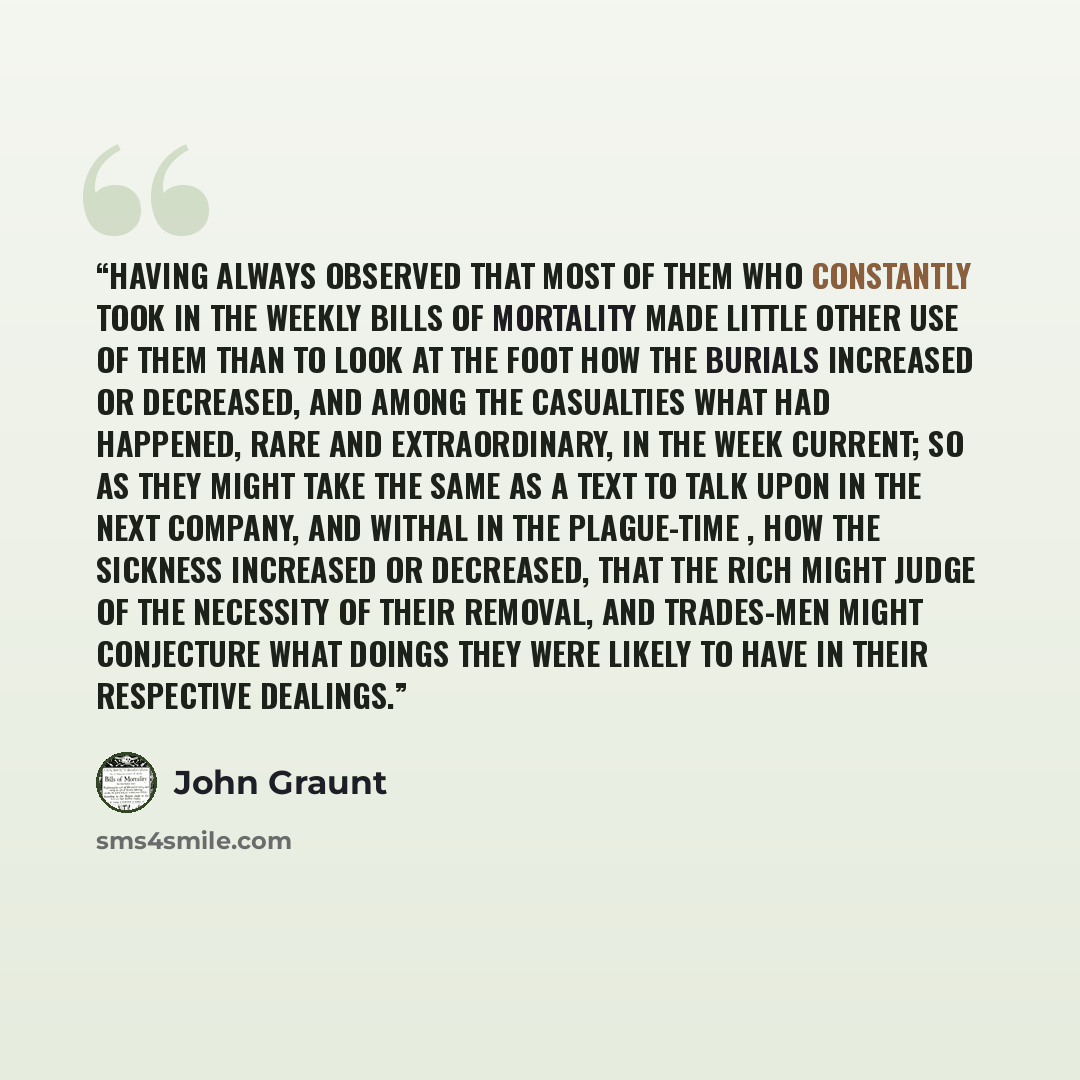 “Having always observed that most of them who constantly took in the weekly Bills of Mortality made little other use of them than to look at the foot how the burials increased or decreased, and among the Casualties what had happened, rare and extraordinary, in the week current; so as they might…” quote by John Graunt