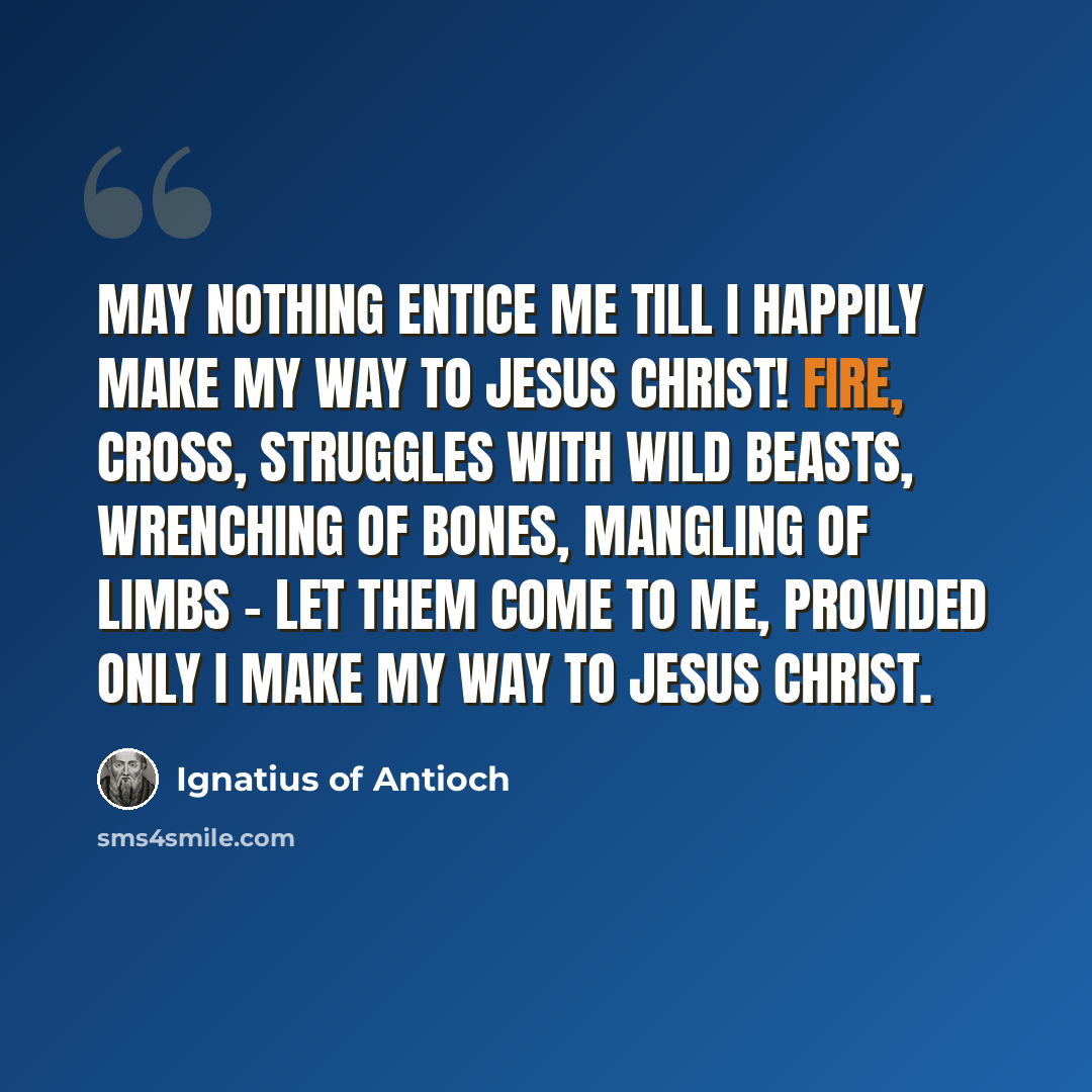 “May nothing entice me till I happily make my way to Jesus Christ! Fire, cross, struggles with wild beasts, wrenching of bones, mangling of limbs - let them come to me, provided only I make my way to Jesus Christ.” quote by Ignatius of Antioch