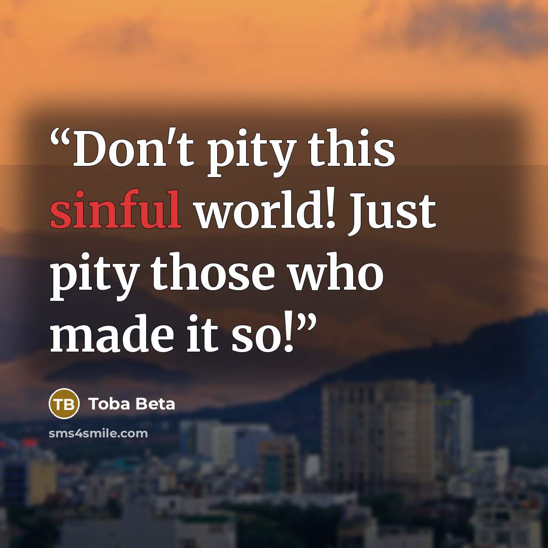 “Don't pity this sinful world! Just pity those who made it so!” quote by Toba Beta