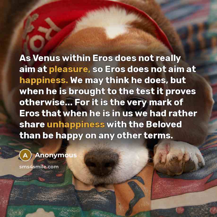 “As Venus within Eros does not really aim at pleasure, so Eros does not aim at happiness. We may think he does, but when he is brought to the test it proves otherwise... For it is the very mark of Eros that when he is in us we had rather share unhappiness with the Beloved than be happy on any other…” quote by Anonymous