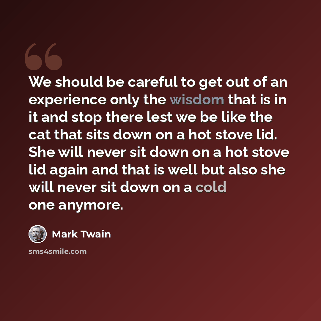 “We should be careful to get out of an experience only the wisdom that is in it and stop there lest we be like the cat that sits down on a hot stove lid. She will never sit down on a hot stove lid again and that is well but also she will never sit down on a cold one anymore.” quote by Mark Twain