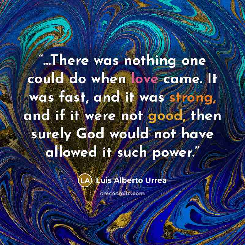 “...There was nothing one could do when love came. It was fast, and it was strong, and if it were not good, then surely God would not have allowed it such power.” quote by Luis Alberto Urrea