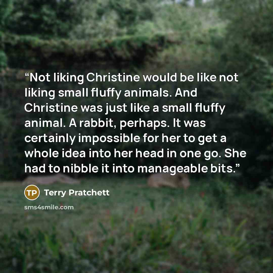 “Not liking Christine would be like not liking small fluffy animals. And Christine was just like a small fluffy animal. A rabbit, perhaps. It was certainly impossible for her to get a whole idea into her head in one go. She had to nibble it into manageable bits.” quote by Terry Pratchett