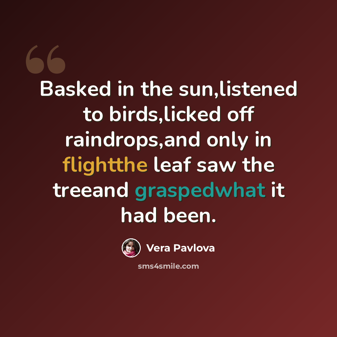 “Basked in the sun,listened to birds,licked off raindrops,and only in flightthe leaf saw the treeand graspedwhat it had been.” quote by Vera Pavlova