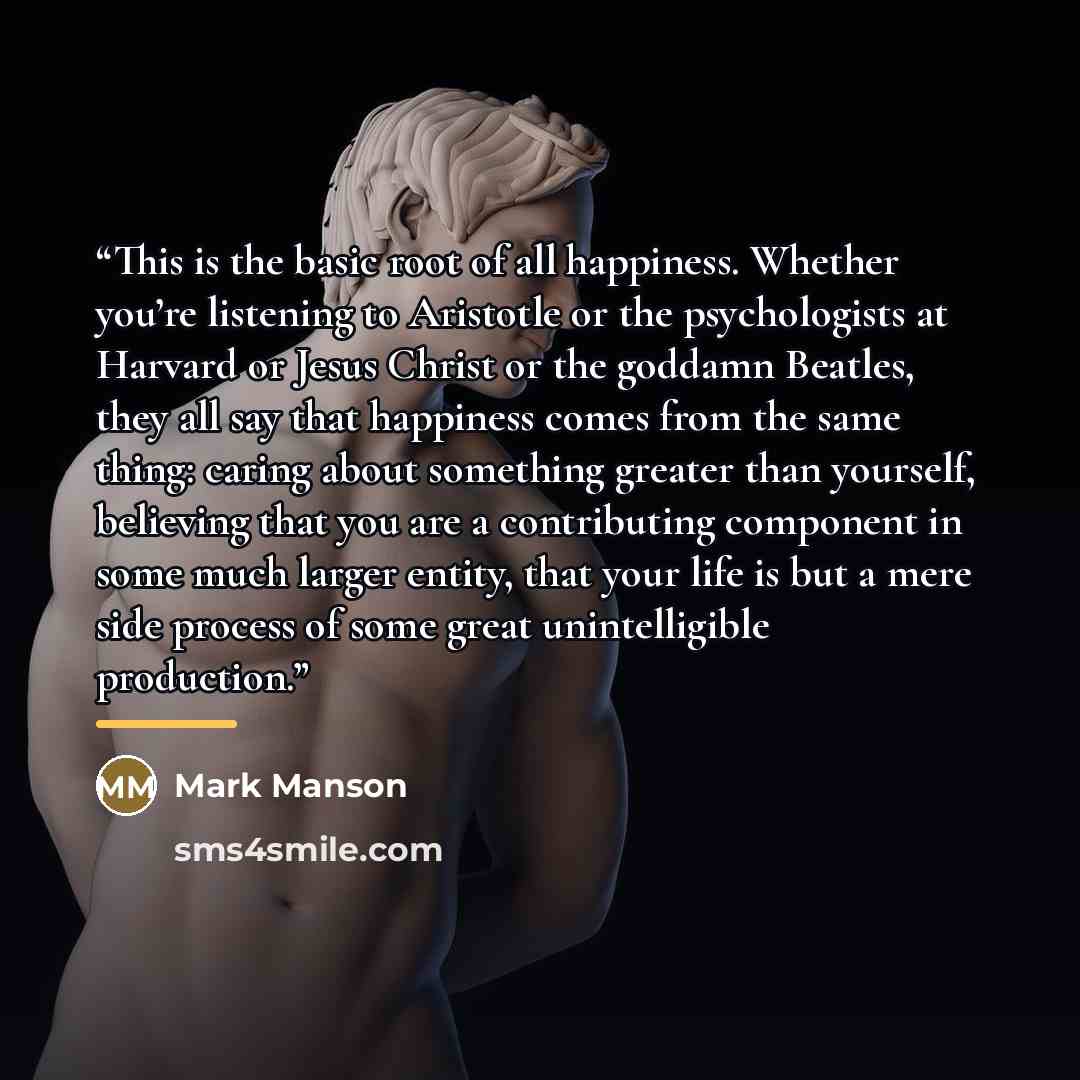 “This is the basic root of all happiness. Whether you’re listening to Aristotle or the psychologists at Harvard or Jesus Christ or the goddamn Beatles, they all say that happiness comes from the same thing: caring about something greater than yourself, believing that you are a contributing…” quote by Mark Manson