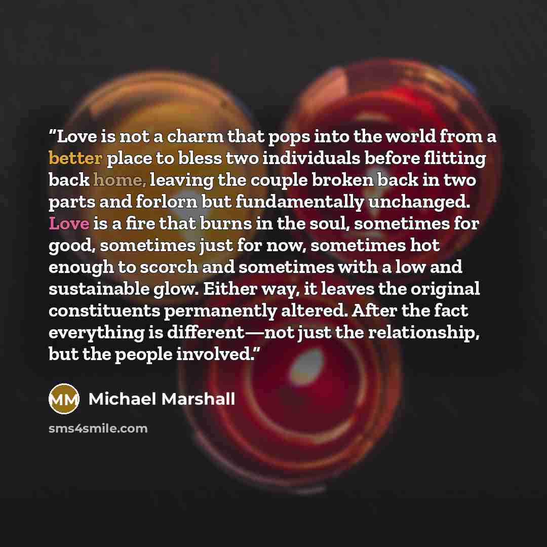 “Love is not a charm that pops into the world from a better place to bless two individuals before flitting back home, leaving the couple broken back in two parts and forlorn but fundamentally unchanged. Love is a fire that burns in the soul, sometimes for good, sometimes just for now, sometimes hot…” quote by Michael Marshall