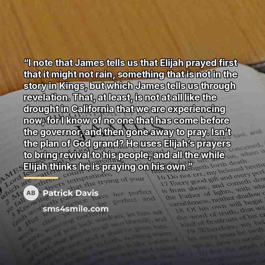 “I note that James tells us that Elijah prayed first that it might not rain, something that is not in the story in Kings, but which James tells us through revelation. That, at least, is not at all like the drought in California that we are experiencing now, for I know of no one that has come before…” quote by Patrick Davis