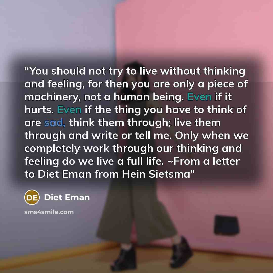 “You should not try to live without thinking and feeling, for then you are only a piece of machinery, not a human being. Even if it hurts. Even if the thing you have to think of are sad, think them through; live them through and write or tell me. Only when we completely work through our thinking…” quote by Diet Eman