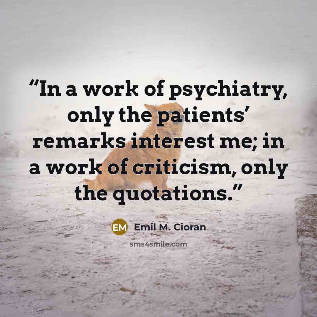 “In a work of psychiatry, only the patients’ remarks interest me; in a work of criticism, only the quotations.” quote by Emil M. Cioran