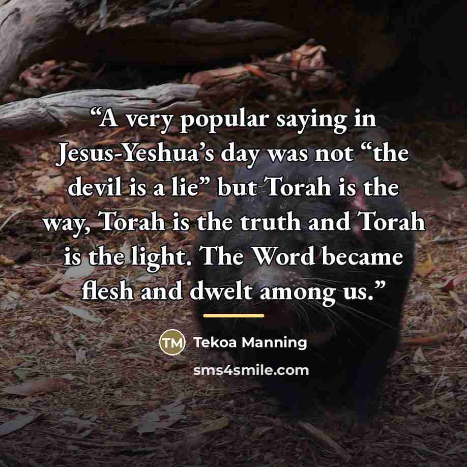 “A very popular saying in Jesus-Yeshua’s day was not “the devil is a lie” but Torah is the way, Torah is the truth and Torah is the light. The Word became flesh and dwelt among us.” quote by Tekoa Manning