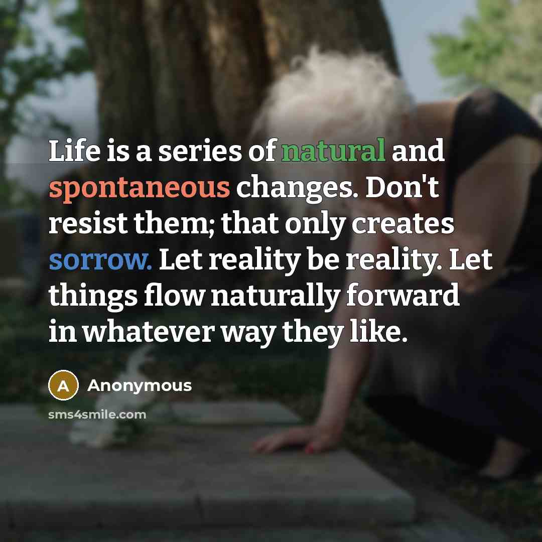 “Life is a series of natural and spontaneous changes. Don't resist them; that only creates sorrow. Let reality be reality. Let things flow naturally forward in whatever way they like.” quote by Anonymous