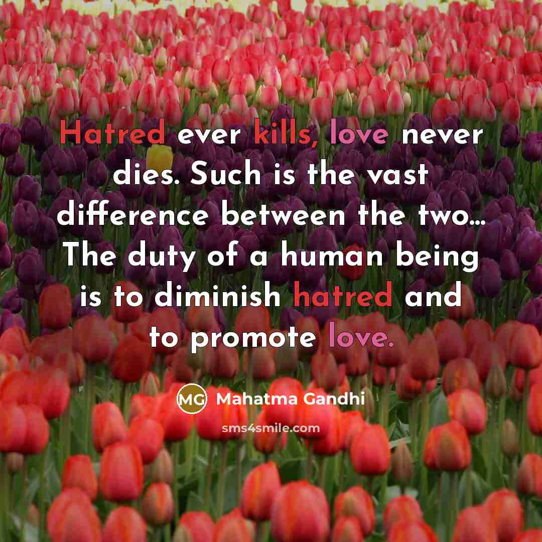 “Hatred ever kills, love never dies. Such is the vast difference between the two... The duty of a human being is to diminish hatred and to promote love.” quote by Mahatma Gandhi