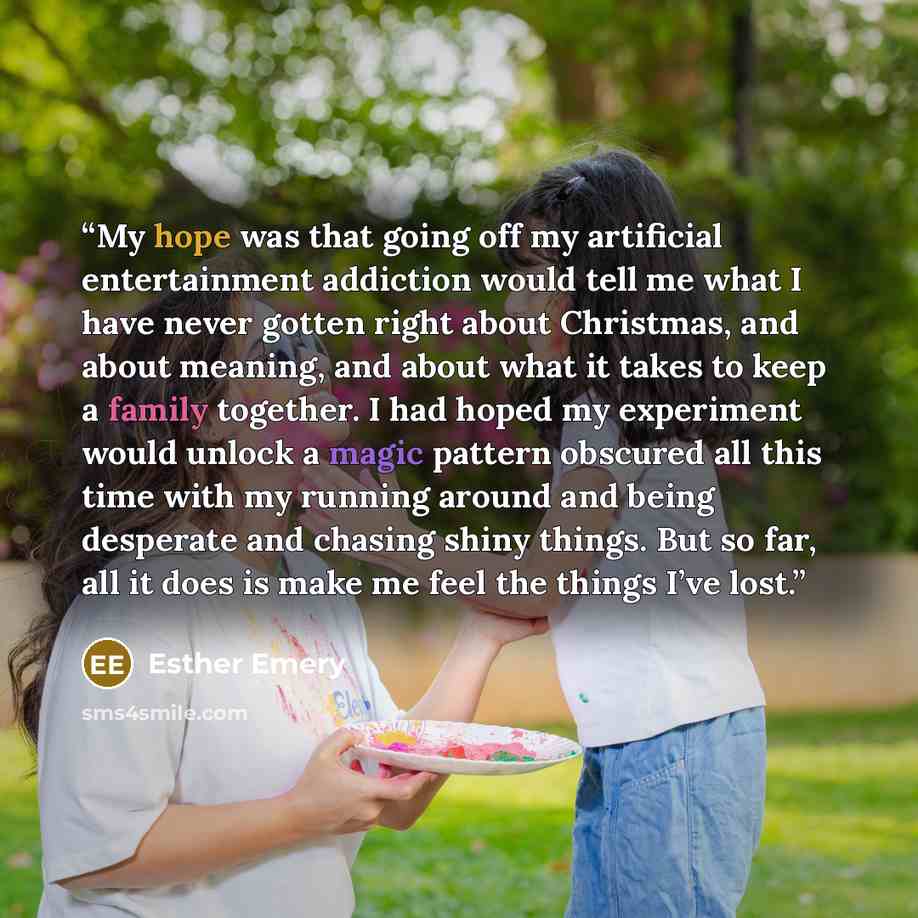 “My hope was that going off my artificial entertainment addiction would tell me what I have never gotten right about Christmas, and about meaning, and about what it takes to keep a family together. I had hoped my experiment would unlock a magic pattern obscured all this time with my running around…” quote by Esther Emery