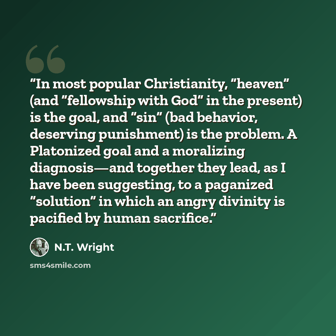 “In most popular Christianity, “heaven” (and “fellowship with God” in the present) is the goal, and “sin” (bad behavior, deserving punishment) is the problem. A Platonized goal and a moralizing diagnosis—and together they lead, as I have been suggesting, to a paganized “solution” in which an angry…” quote by N.T. Wright