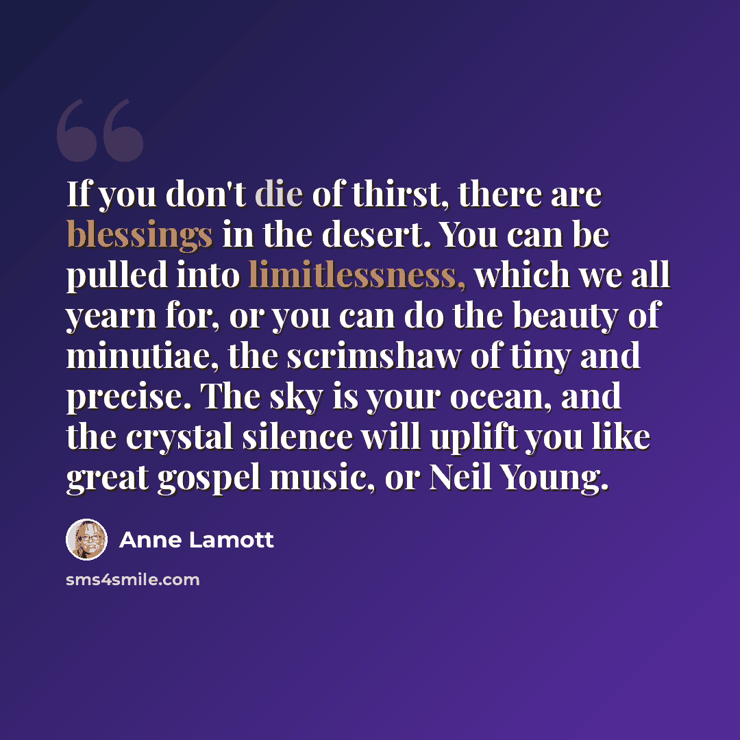 “If you don't die of thirst, there are blessings in the desert. You can be pulled into limitlessness, which we all yearn for, or you can do the beauty of minutiae, the scrimshaw of tiny and precise. The sky is your ocean, and the crystal silence will uplift you like great gospel music, or Neil Young.” quote by Anne Lamott