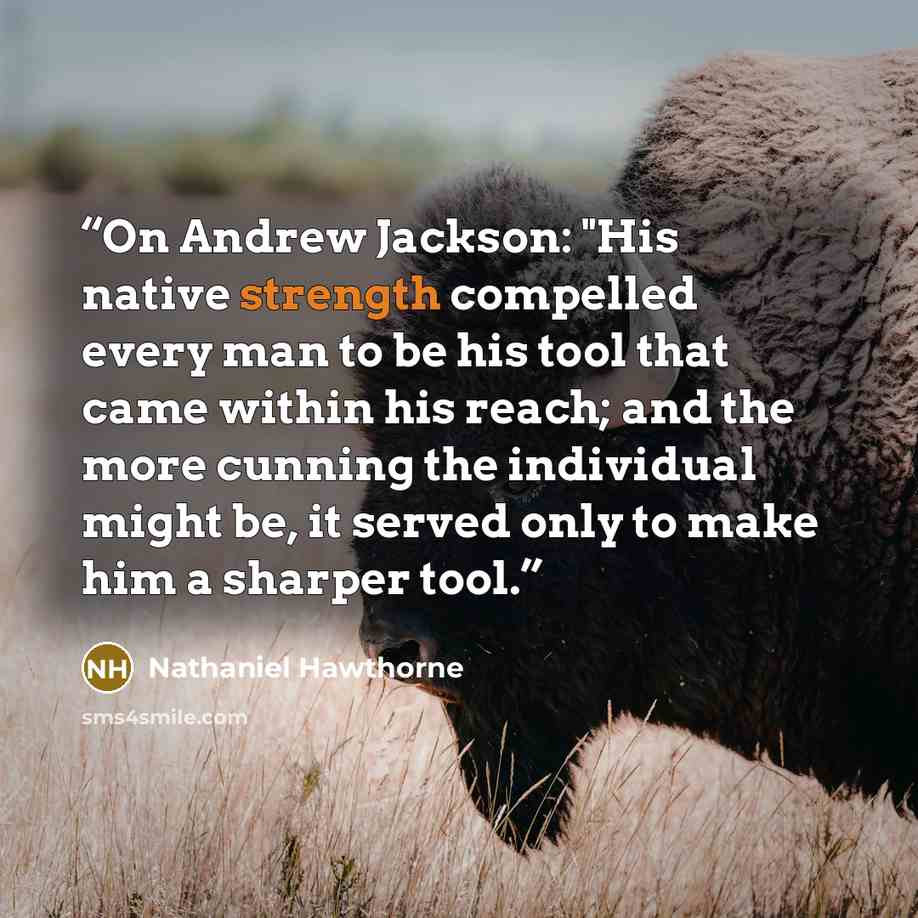 “On Andrew Jackson: "His native strength compelled every man to be his tool that came within his reach; and the more cunning the individual might be, it served only to make him a sharper tool.” quote by Nathaniel Hawthorne