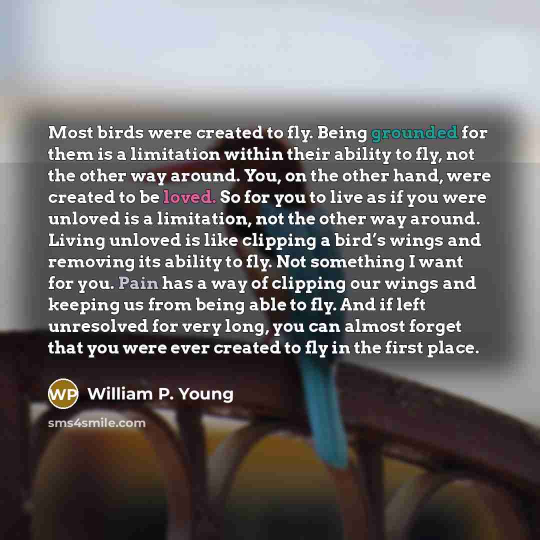“Most birds were created to fly. Being grounded for them is a limitation within their ability to fly, not the other way around. You, on the other hand, were created to be loved. So for you to live as if you were unloved is a limitation, not the other way around. Living unloved is like clipping a…” quote by William P. Young