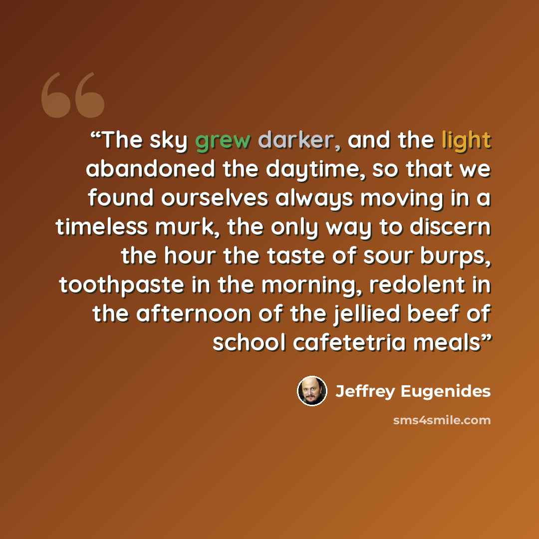 “The sky grew darker, and the light abandoned the daytime, so that we found ourselves always moving in a timeless murk, the only way to discern the hour the taste of sour burps, toothpaste in the morning, redolent in the afternoon of the jellied beef of school cafetetria meals” quote by Jeffrey Eugenides